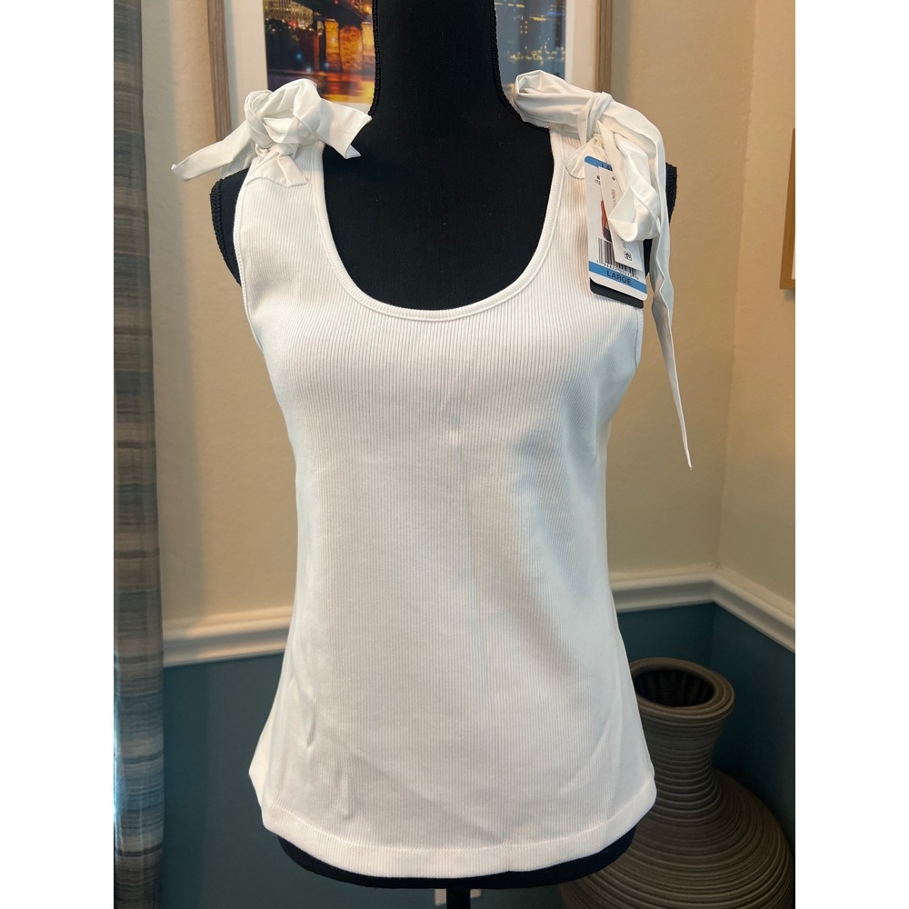 French Connection White Ribbed Tie Shoulder Bow Tank Top